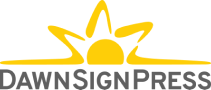 Logo of DawnSignPress, featuring a stylized yellow sun with rays above the text DawnSignPress in gray